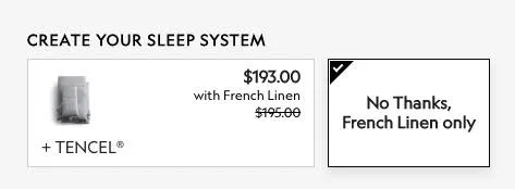 The Bundled product section with a $3 discount being applied to Tencel sheets