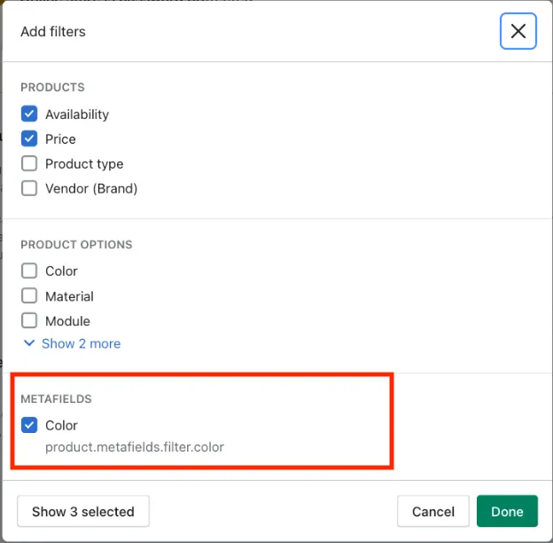 Filters available to users