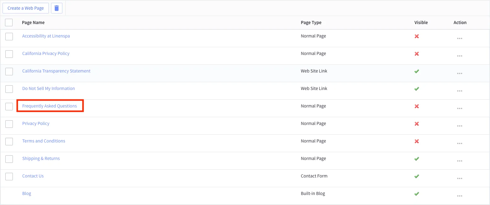 Web pages list with 'Frequently Asked Questions' page link highlighted