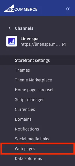 Storefront settings with 'Web pages' option highlighted